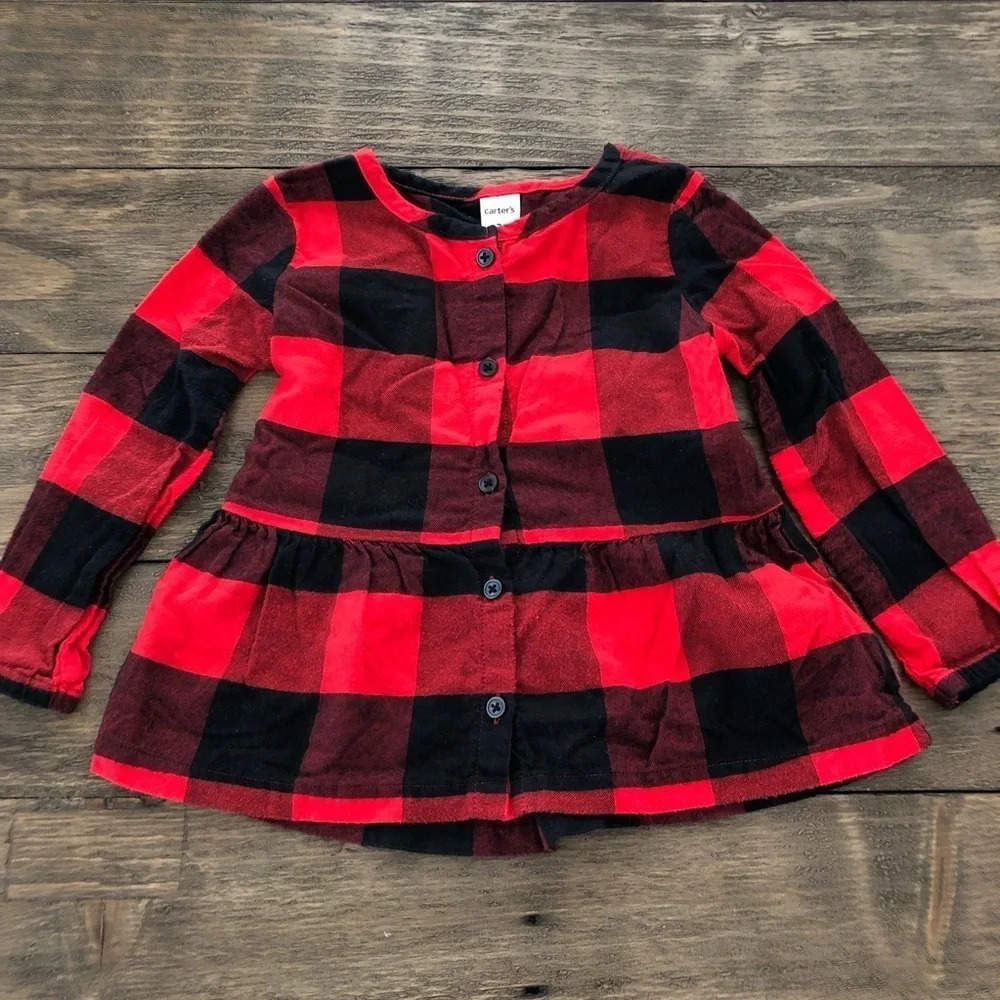 Carter’s Toddler 2T Red Buffalo Check Plaid Button Up Shirt Peplum Ruffle Black